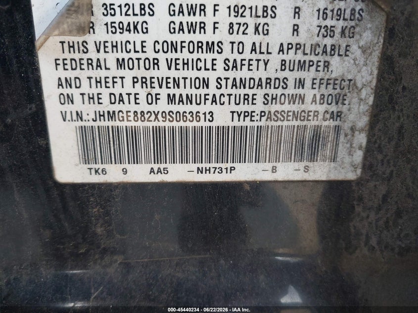 2009 Honda Fit VIN JHMGE882X9S063613 IAAI salvage auction — NORMAL WEAR, Original (Texas), sold $425 on 2026-07-20 (photo 9)