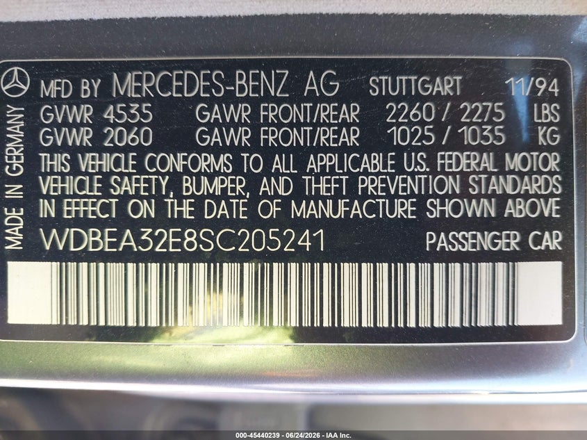 1995 Mercedes-benz E-klasse VIN WDBEA32E8SC205241 IAAI salvage auction — FRONT END, Salvage (Ohio), sold $475 on 2026-07-29 (photo 9)