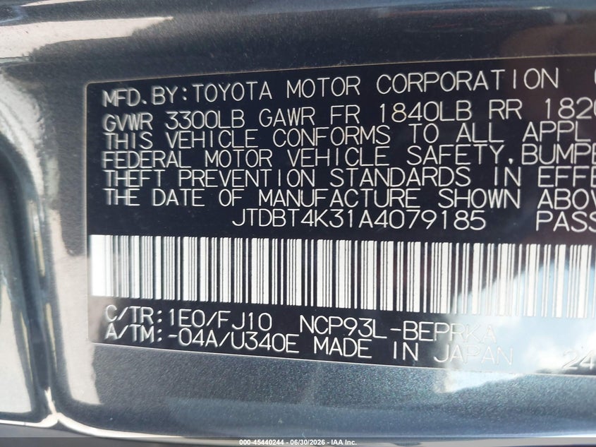 2010 Toyota Yaris VIN JTDBT4K31A4079185 IAAI salvage auction — NORMAL WEAR, Clear (North Carolina), sold $1,100 on 2026-07-08 (photo 9)