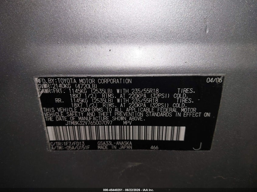 2006 Toyota Rav 4 VIN JTMBK32V765007097 IAAI salvage auction — NORMAL WEAR, Clear (New York), sold $425 on 2026-07-16 (photo 9)