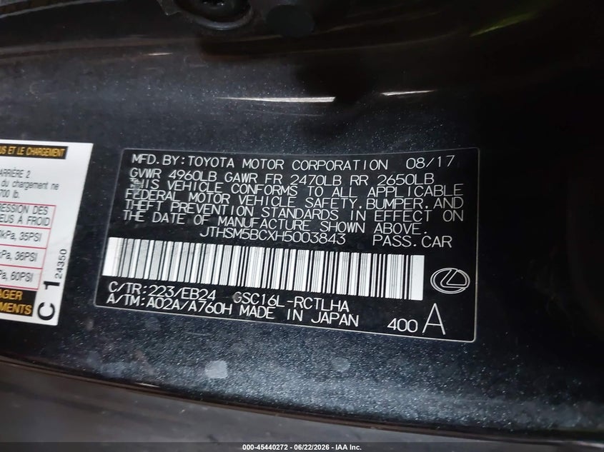 2017 Lexus VIN JTHSM5BCXH5003843 IAAI salvage auction — FRONT END, Salvage (Virginia), sold $2,325 on 2026-07-23 (photo 9)