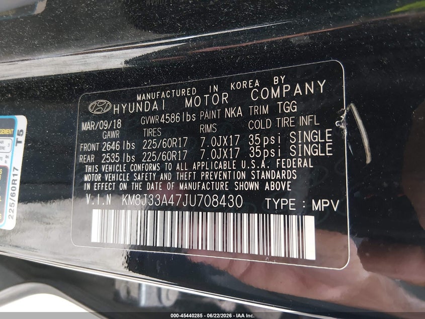 2018 Hyundai Tucson VIN KM8J33A47JU708430 IAAI salvage auction — FRONT END, Salvage (Georgia), sold $2,175 on 2026-07-16 (photo 9)