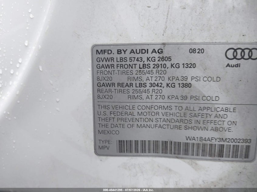 2021 Audi Sq5 VIN WA1B4AFY3M2002393 IAAI salvage auction — LEFT SIDE, Salvage (Massachusetts), sold $13,000 on 2026-08-28 (photo 9)