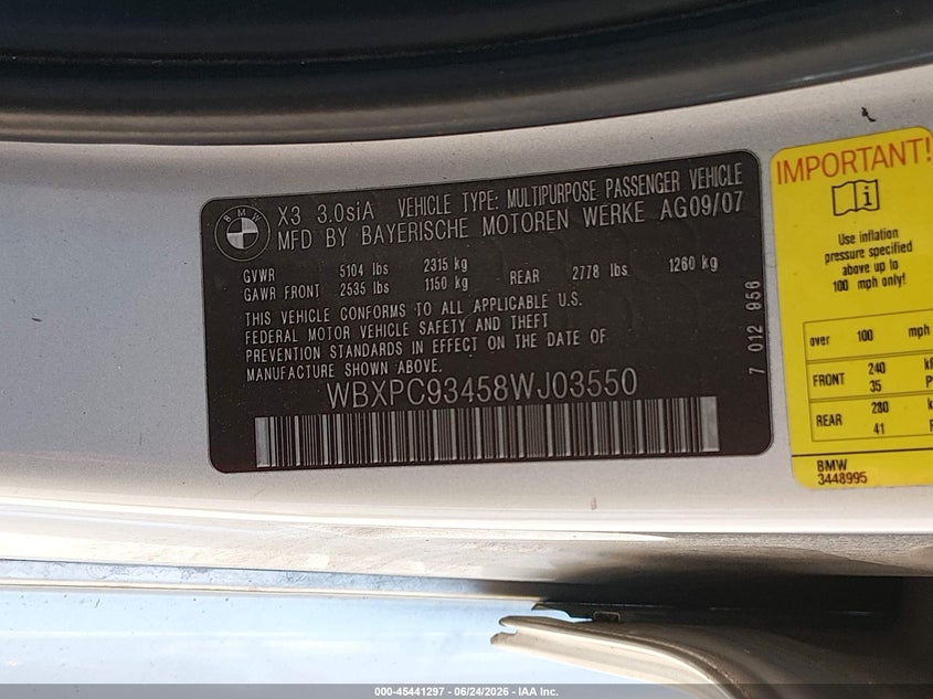 2008 BMW X3 VIN WBXPC93458WJ03550 IAAI salvage auction — FRONT END, Salvage (Kentucky), sold $250 on 2026-07-27 (photo 9)