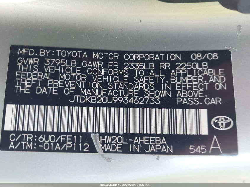 2009 Toyota Prius VIN JTDKB20U993462733 IAAI salvage auction — FRONT END, Rebuildable (Florida), sold $300 on 2026-07-13 (photo 9)