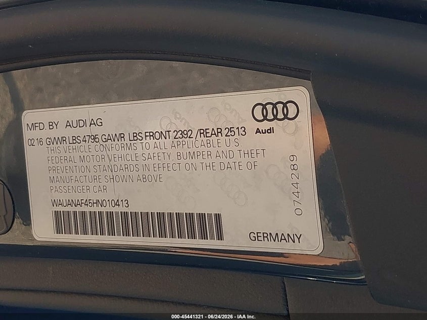 2017 Audi A4 VIN WAUANAF45HN010413 IAAI salvage auction — RIGHT SIDE, Clear (Indiana), sold $4,700 on 2026-07-30 (photo 9)