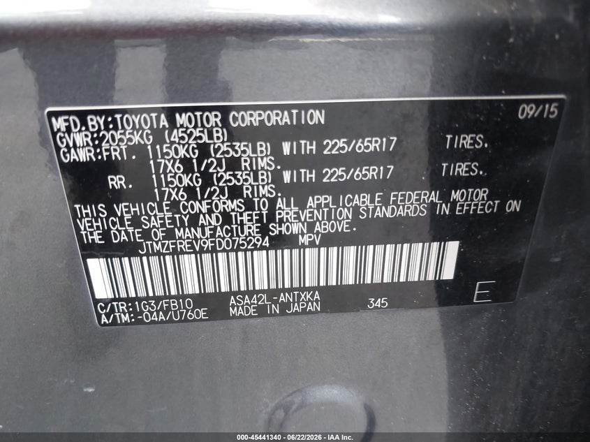 2015 Toyota VIN JTMZFREV9FD075294 IAAI salvage auction — LEFT FRONT, Salvage Title, sold $3,550 on 2026-07-23 (photo 9)