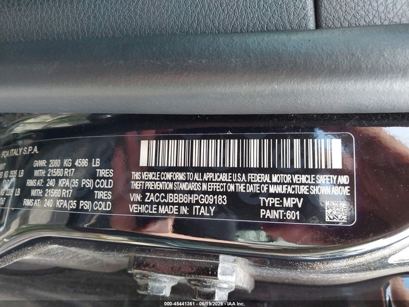 2017 Jeep Renegade VIN ZACCJBBB6HPG09183 IAAI salvage auction — LEFT SIDE, Clear (Indiana), sold $2,975 on 2026-07-20 (photo 9)