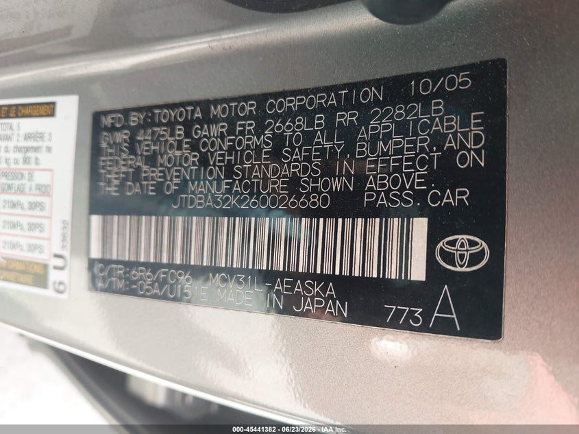 2006 Toyota Camry VIN JTDBA32K260026680 IAAI salvage auction — FRONT END, Salvage (North Carolina), sold $1,650 on 2026-07-13 (photo 9)