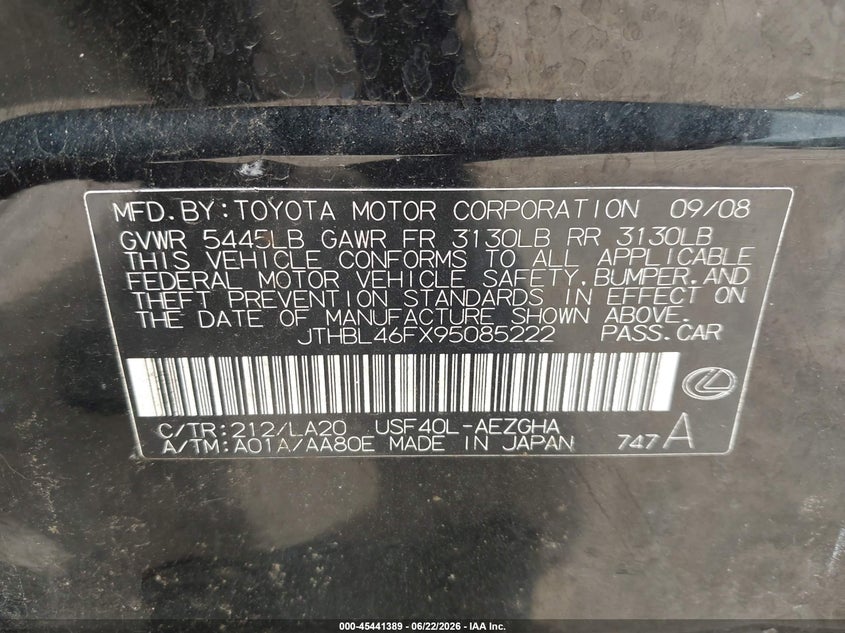 2009 Lexus Ls VIN JTHBL46FX95085222 IAAI salvage auction — SIDE, Clear (Tennessee), sold $1,050 on 2026-08-26 (photo 9)