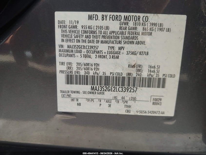 2020 Ford Ecosport VIN MAJ3S2GE2LC339257 IAAI salvage auction — RIGHT FRONT, Salvage (Ohio), sold $525 on 2026-07-28 (photo 9)