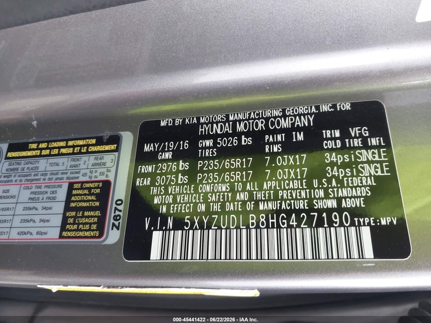 2017 Hyundai Santa fe VIN 5XYZUDLB8HG427190 IAAI salvage auction — FRONT END, Salvage Title, sold $2,800 on 2026-07-28 (photo 9)