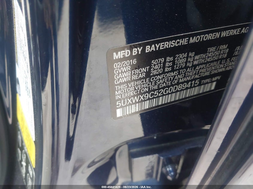 2016 BMW X3 VIN 5UXWX9C52G0D89415 IAAI salvage auction — FRONT END, Salvage (North Carolina), sold $4,200 on 2026-07-20 (photo 9)