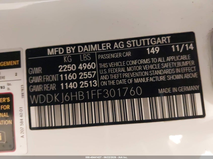 2015 Mercedes-benz E-klasse VIN WDDKJ6HB1FF301760 IAAI salvage auction — WATER/FLOOD, Mv-907A (New York), sold $1,400 on 2026-07-10 (photo 9)