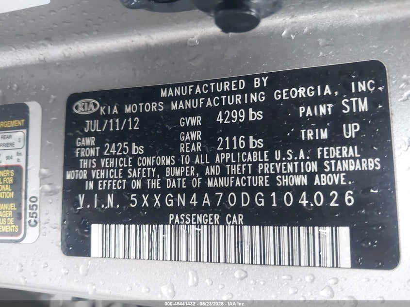 2013 Kia Optima VIN 5XXGN4A70DG104026 IAAI salvage auction — FRONT END, Salvage Title, sold $600 on 2026-07-30 (photo 9)