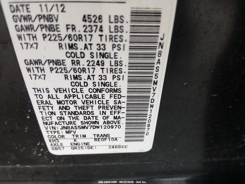 2013 Nissan Rogue VIN JN8AS5MV7DW120970 IAAI salvage auction — HAIL, Salvage (Kansas), sold $400 on 2026-07-24 (photo 9)
