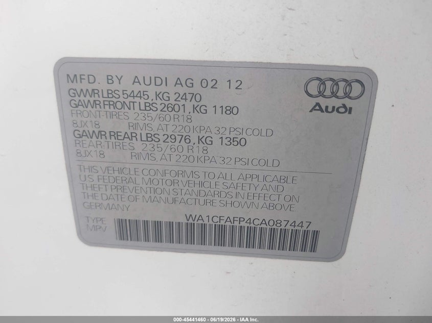 2012 Audi Q5 VIN WA1CFAFP4CA087447 IAAI salvage auction — RIGHT FRONT, Salvage (Alabama), sold $1,000 on 2026-07-14 (photo 9)