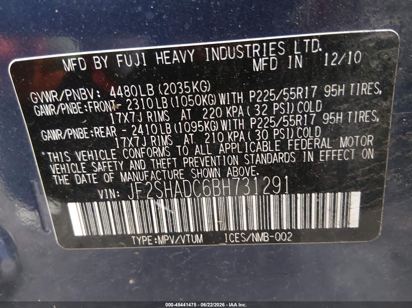 2011 Subaru Forester VIN JF2SHADC6BH731291 IAAI salvage auction — NORMAL WEAR, Clear (Pennsylvania), sold $800 on 2026-07-17 (photo 9)