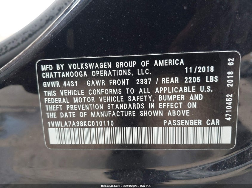2019 Volkswagen Passat VIN 1VWLA7A38KC010110 IAAI salvage auction — REAR END, Salvage Title, sold $3,100 on 2026-08-23 (photo 9)