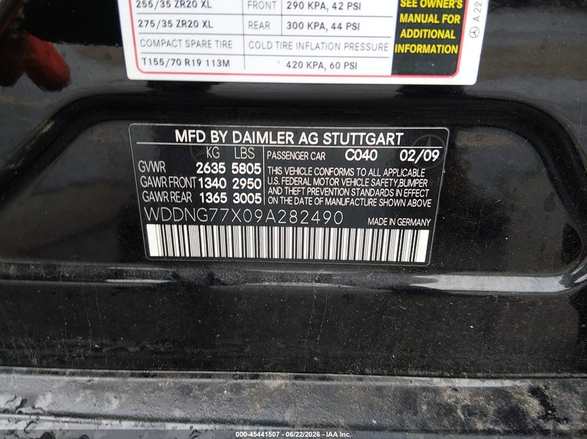 2009 Mercedes-benz S-klasse amg VIN WDDNG77X09A282490 IAAI salvage auction — FRONT END, Salvage (Connecticut), sold $2,925 on 2026-07-16 (photo 9)