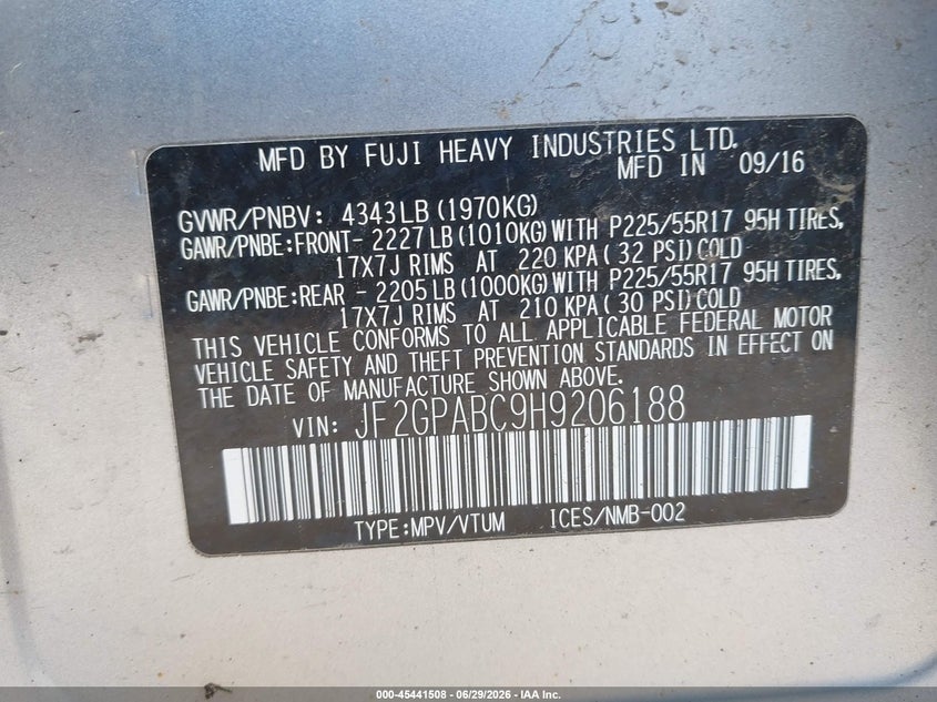 2017 Subaru Xv VIN JF2GPABC9H9206188 IAAI salvage auction — NORMAL WEAR, Original (New Hampshire), sold $1,225 on 2026-07-29 (photo 9)
