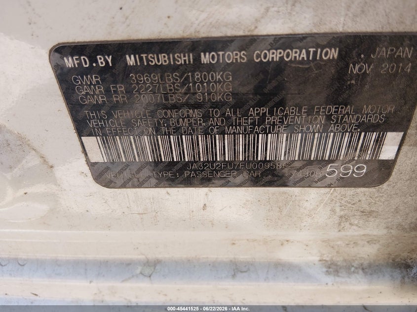2015 Mitsubishi Lancer VIN JA32U2FU7FU009586 IAAI salvage auction — SIDE, Salvage (North Carolina), sold $450 on 2026-07-20 (photo 9)