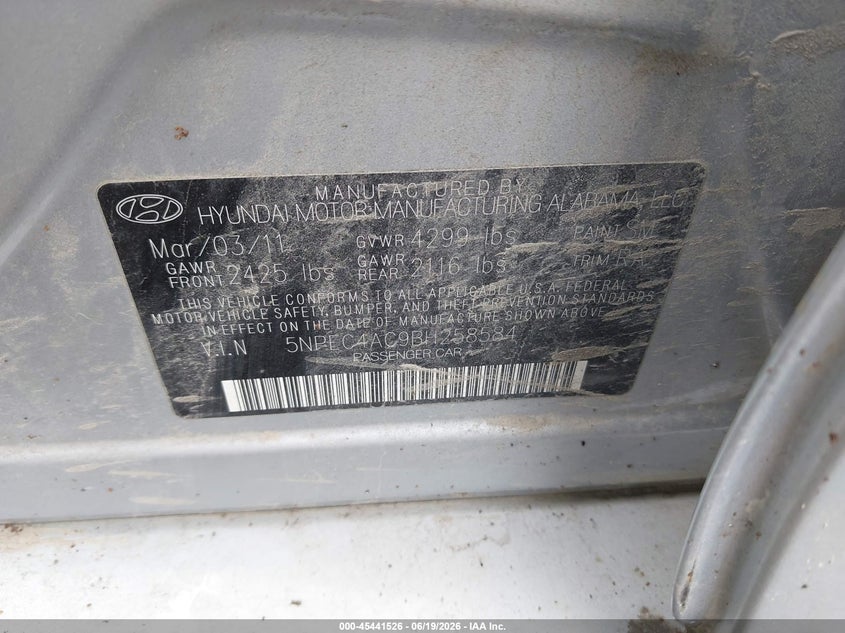2011 Hyundai Sonata VIN 5NPEC4AC9BH258584 IAAI salvage auction — NORMAL WEAR, Clear (Virginia), sold $400 on 2026-07-31 (photo 9)
