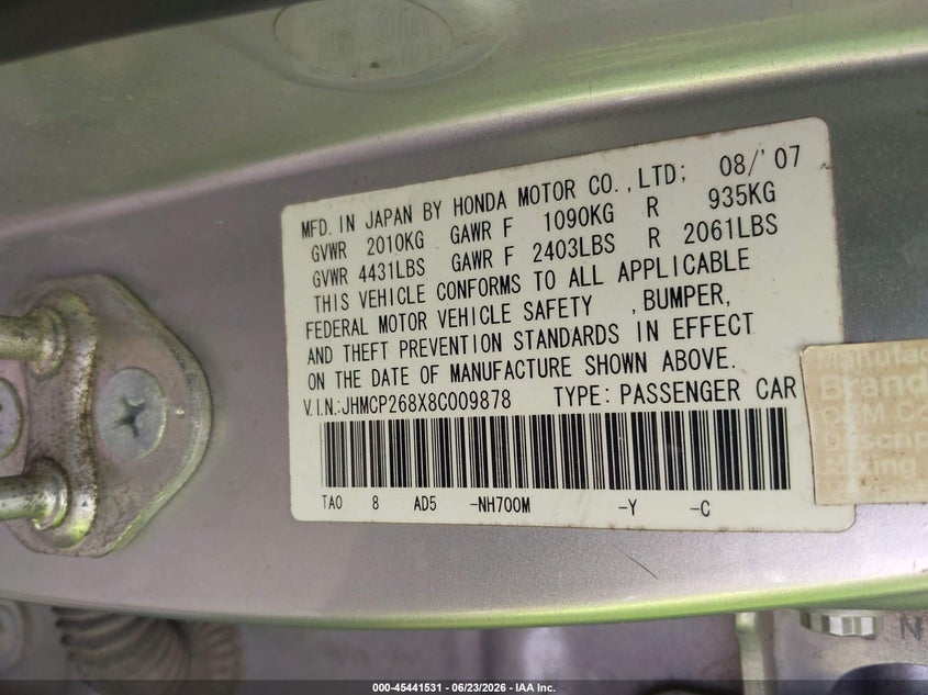 2008 Honda Accord VIN JHMCP268X8C009878 IAAI salvage auction — REAR END, Salvage (Texas), sold $850 on 2026-07-16 (photo 9)