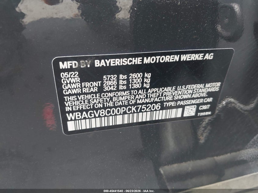 2023 BMW 8er VIN WBAGV8C00PCK75206 IAAI salvage auction — REAR END, Salvage Title, sold $24,900 on 2026-07-31 (photo 9)