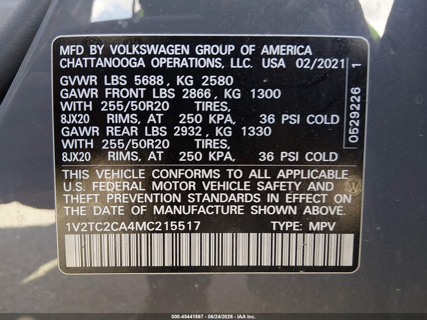 2021 Volkswagen Atlas cross sport VIN 1V2TC2CA4MC215517 IAAI salvage auction — SIDE, Salvage Title, sold $5,400 on 2026-07-31 (photo 9)