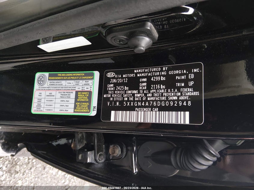 2013 Kia Optima VIN 5XXGN4A76DG092948 IAAI salvage auction — FRONT END, Salvage Title, sold $550 on 2026-07-20 (photo 9)