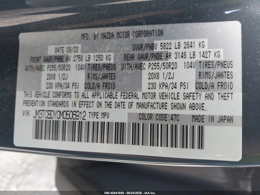 2021 Mazda Cx-9 VIN JM3TCBDY0M0506912 IAAI salvage auction — RIGHT SIDE, Salvage (Ohio), sold $8,100 on 2026-07-15 (photo 9)