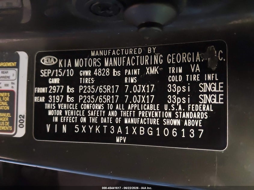 2011 Kia Sorento VIN 5XYKT3A1XBG106137 IAAI salvage auction — LEFT & RIGHT, Mv-907A (New York), sold $975 on 2026-07-21 (photo 9)