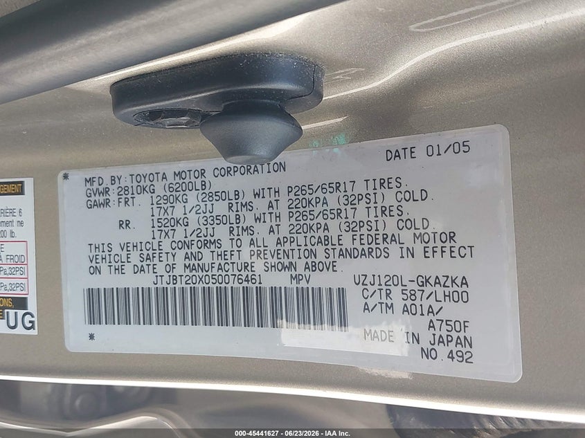 2005 Lexus Gx VIN JTJBT20X050076461 IAAI salvage auction — LEFT SIDE, Salvage (Indiana), sold $4,075 on 2026-07-23 (photo 9)