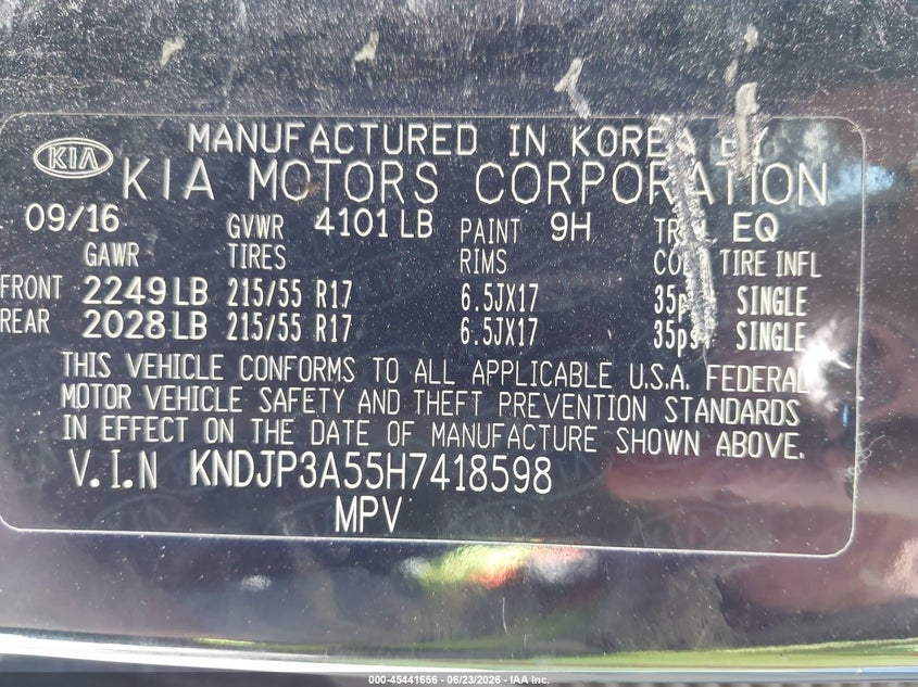 2017 Kia Soul VIN KNDJP3A55H7418598 IAAI salvage auction — NORMAL WEAR, Clear (Illinois), sold $500 on 2026-07-29 (photo 9)