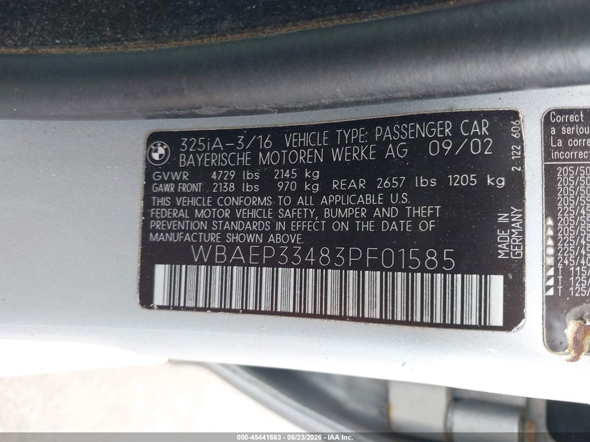 2003 BMW 3 series VIN WBAEP33483PF01585 IAAI salvage auction — REAR END, Bill Of Sale (Connecticut), sold $450 on 2026-07-09 (photo 9)