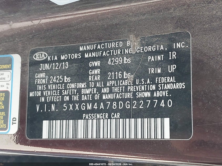 2013 Kia Optima VIN 5XXGM4A78DG227740 IAAI salvage auction — FRONT END, Salvage (Indiana), sold $225 on 2026-07-12 (photo 9)