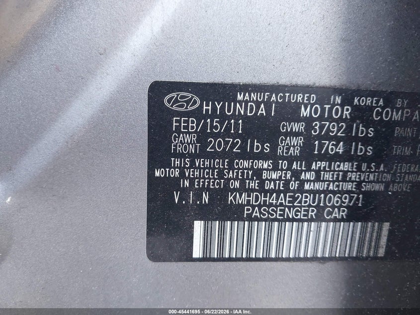 2011 Hyundai Elantra VIN KMHDH4AE2BU106971 IAAI salvage auction — NORMAL WEAR, Clear (Michigan), sold $575 on 2026-07-20 (photo 9)