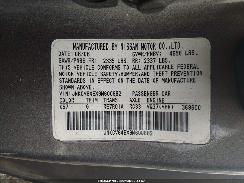2009 Infiniti G37 VIN JNKCV64EX9M600682 IAAI salvage auction — FRONT END, Clear (Tennessee), sold $25 on 2026-07-30 (photo 9)