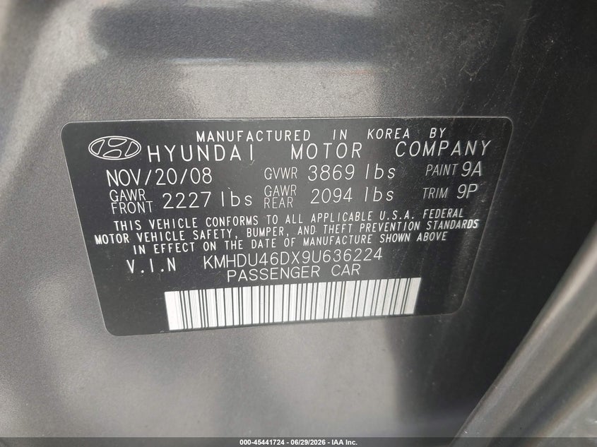 2009 Hyundai Elantra VIN KMHDU46DX9U636224 IAAI salvage auction — FRONT END, Salvage (Ohio), sold $375 on 2026-07-14 (photo 9)