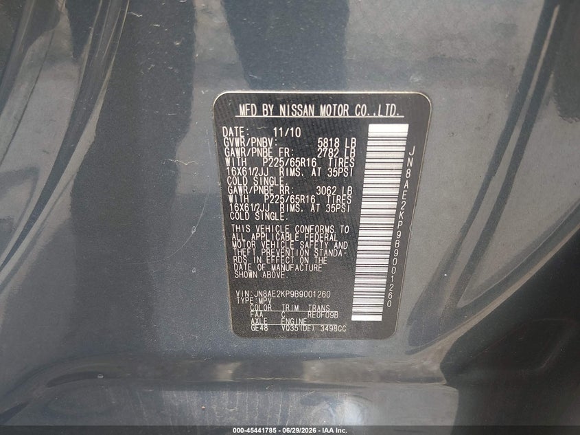 2011 Nissan Quest VIN JN8AE2KP9B9001260 IAAI salvage auction — RIGHT SIDE, Salvage (Louisiana), sold $475 on 2026-07-13 (photo 9)