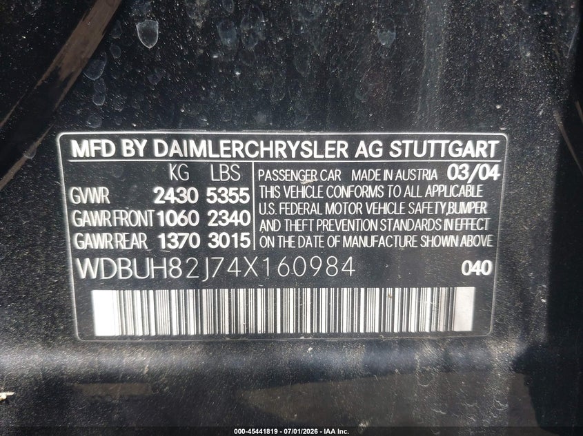 2004 Mercedes-benz E-class VIN WDBUH82J74X160984 IAAI salvage auction — FRONT END, Clear (Massachusetts), sold $475 on 2026-07-10 (photo 9)
