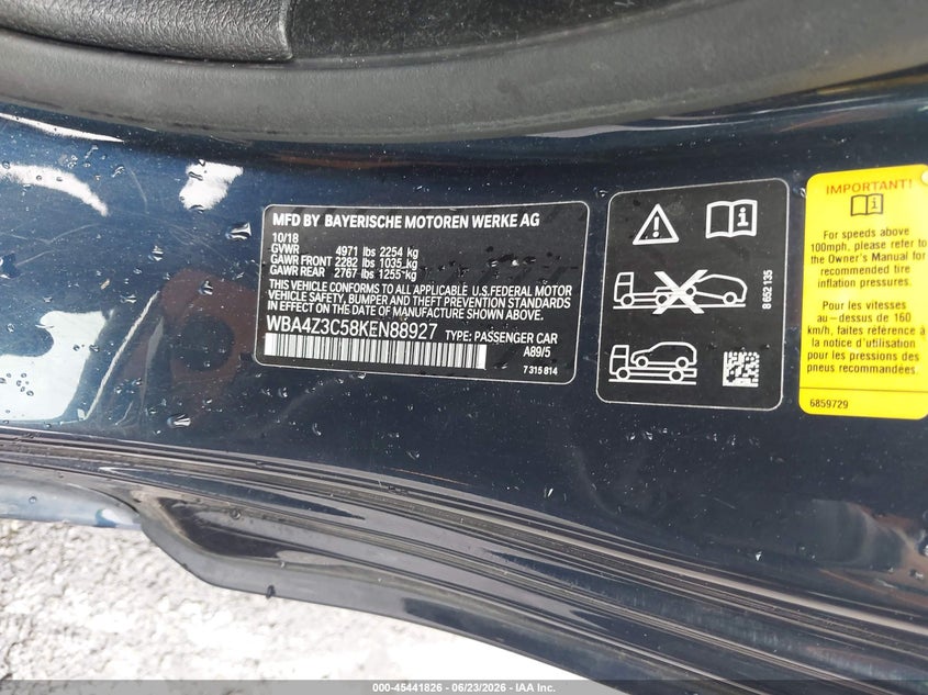 2019 BMW 4er VIN WBA4Z3C58KEN88927 IAAI salvage auction — LEFT FRONT, Salvage Title, sold $9,175 on 2026-08-03 (photo 9)