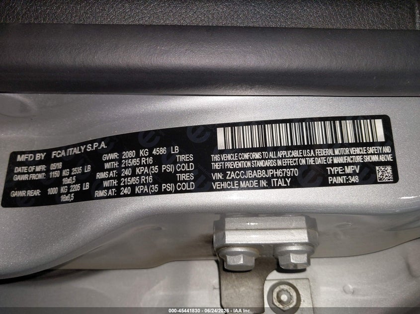 2018 Jeep Renegade VIN ZACCJBAB8JPH67970 IAAI salvage auction — RIGHT FRONT, Salvage (Pennsylvania), sold $2,800 on 2026-07-16 (photo 9)