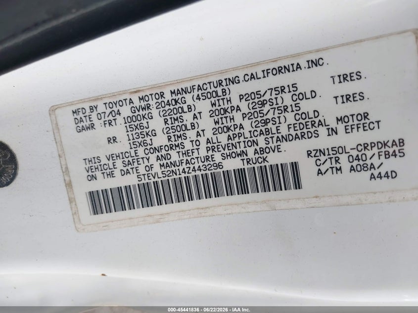 2004 Toyota Tacoma VIN 5TEVL52N14Z443296 IAAI salvage auction — REAR END, Salvage (Indiana), sold $2,350 on 2026-07-11 (photo 9)