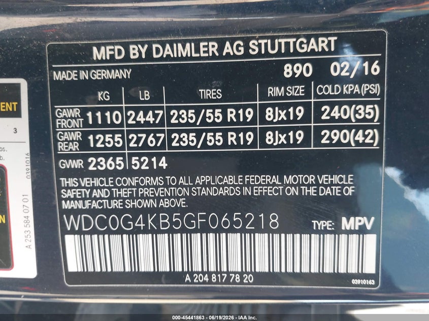 2016 Mercedes-benz Glc VIN WDC0G4KB5GF065218 IAAI salvage auction — NORMAL WEAR, Clear - Dealer Only (California), sold $5,025 on 2026-07-08 (photo 9)