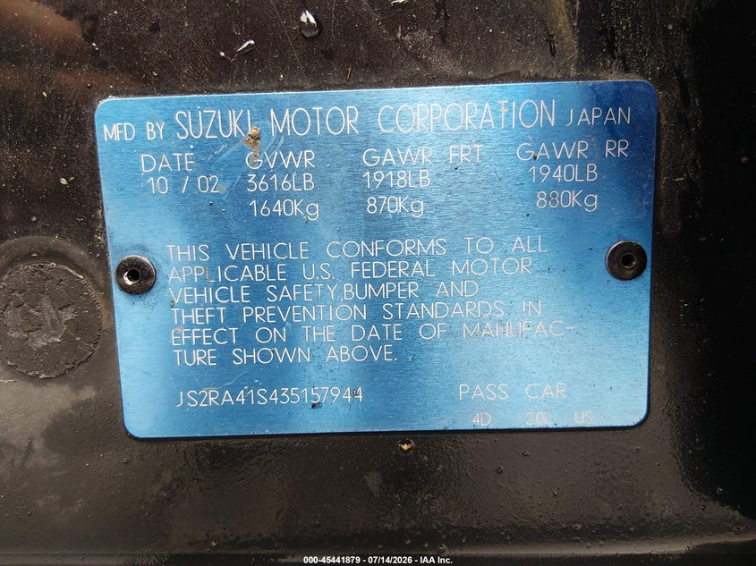 2003 Suzuki Aerio VIN JS2RA41S435157944 IAAI salvage auction — NORMAL WEAR, Clear (Alabama), sold $25 on 2026-07-29 (photo 9)