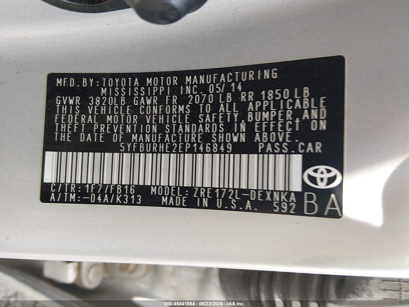 2014 Toyota Corolla VIN 5YFBURHE2EP146849 IAAI salvage auction — FRONT END, Salvage (Ohio), sold $1,750 on 2026-07-15 (photo 9)