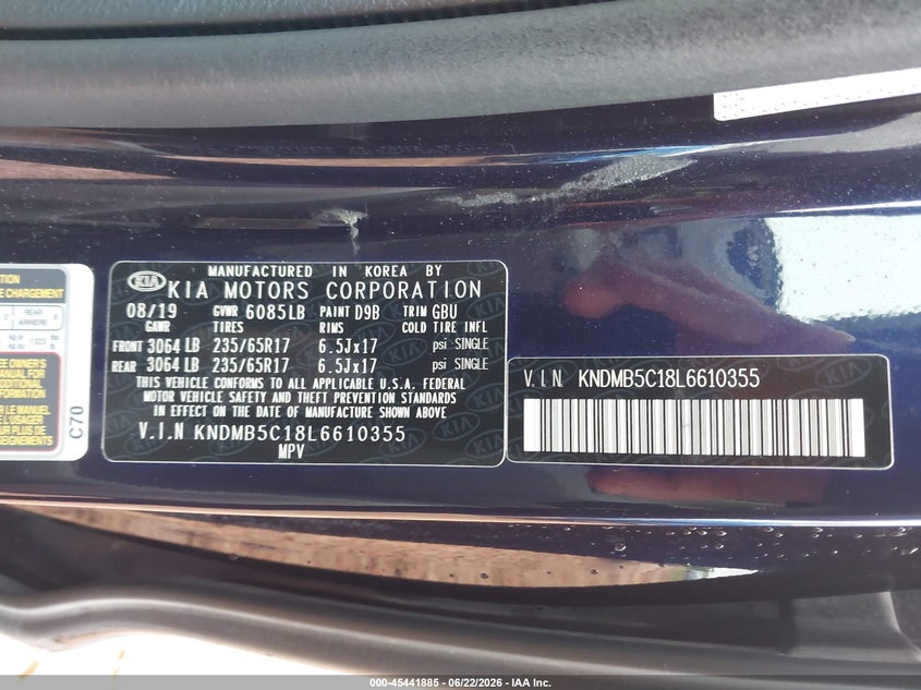 2020 Kia SEDONA VIN KNDMB5C18L6610355 IAAI salvage auction — RIGHT FRONT, Salvage (Missouri), sold $2,075 on 2026-07-27 (photo 9)