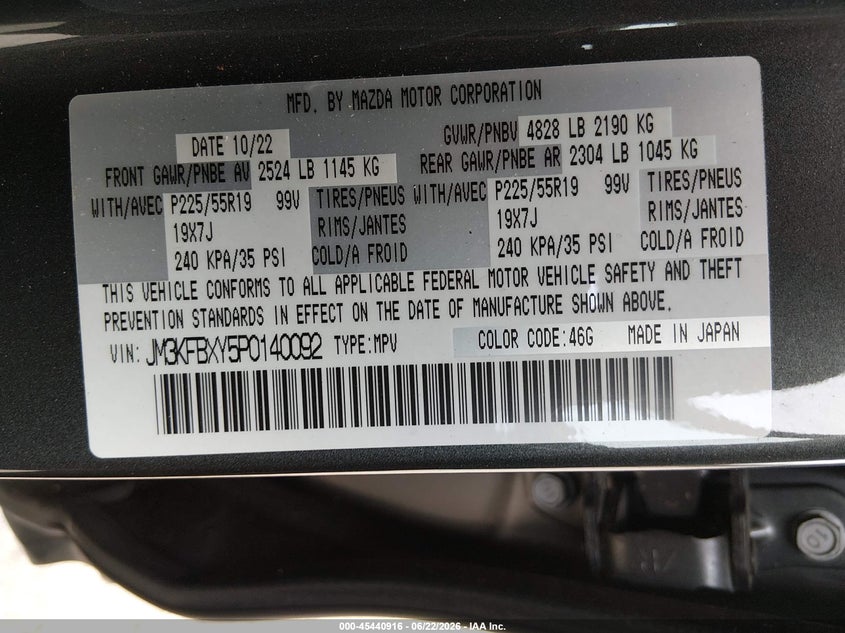 2023 Mazda Cx-5 VIN JM3KFBXY5P0140092 IAAI salvage auction — LEFT FRONT, Salvage Title, sold $12,300 on 2026-07-24 (photo 9)